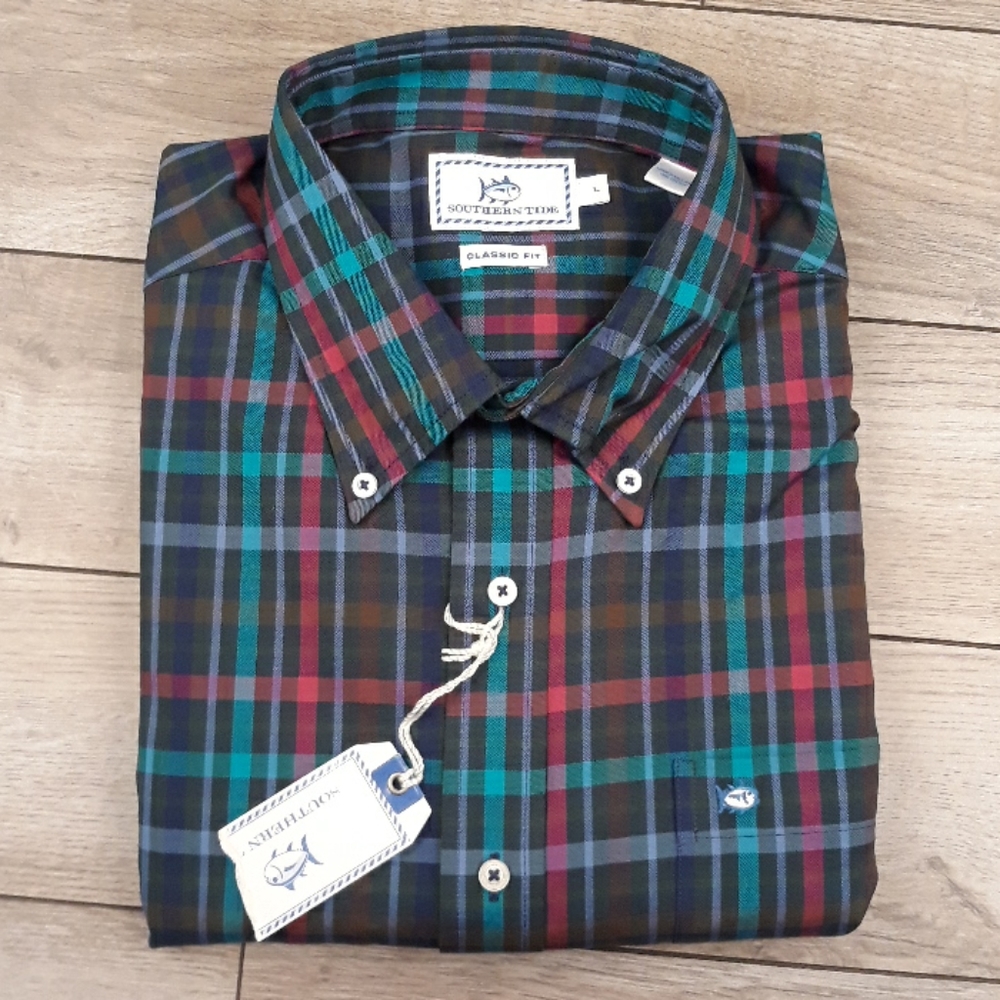 SOUTHERN TIDE Classic Fit Multicolor Plaid Cotton Large Mens LS Shirt NEW